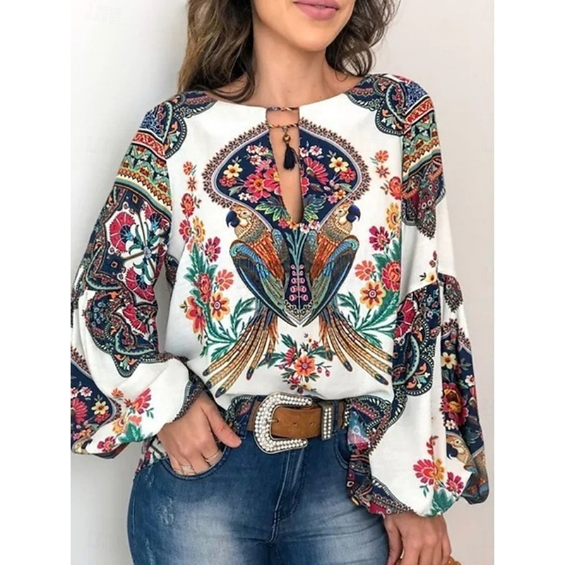 Women's Shirt Blouse Floral Bohemia Retro Vintage Casual Long Sleeve Crew Neck Regular Tops Daily Print White Pink Summer Spring