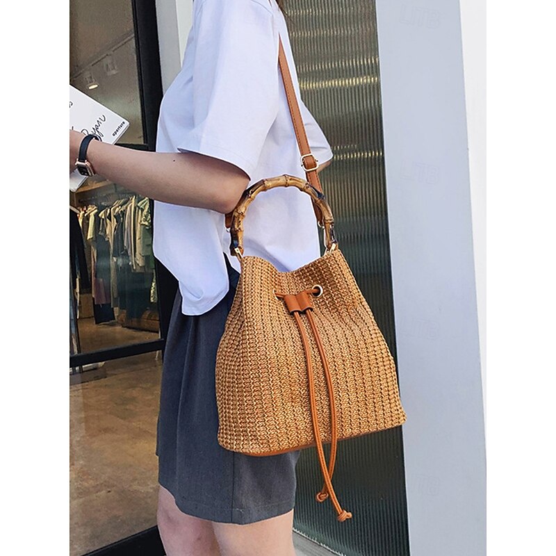 Women's Woven Bamboo Handle Bucket Bag – Chic Boho Straw Handbag with Adjustable Strap for Casual, Travel and Beach Outings2