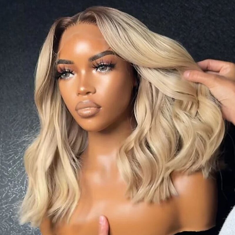 Remy Human Hair 5x5 Closure 13x4 Lace Front Wig Short Bob Peruvian Hair Wavy Blonde Wig 130% 150% Density Ombre Hair 100% Virgin Glueless With Bleached Knots Pre-Plucked For Women Long Human Hair4