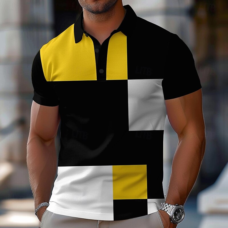 Men's Color Block Polo Short Sleeve Polo Shirts Collared Shirts Casual School Outdoor Sports Daily Wear 3D Print Summer Spring Fall Yellow Red Blue2