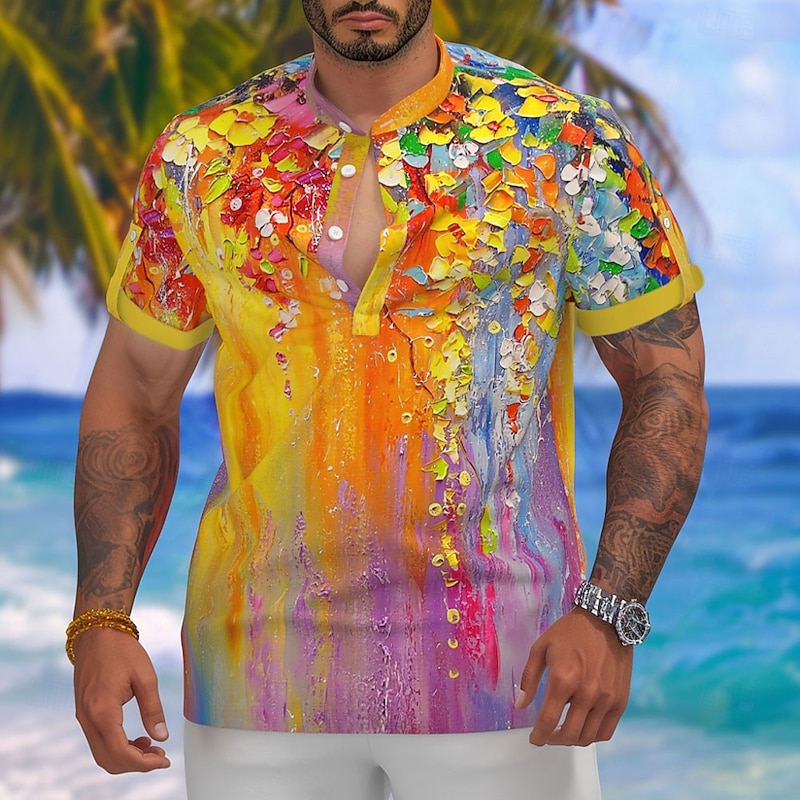 Men's Oil Painting Floral Print Flowers Shirt Button Down Shirt Short Sleeve Fashion Casual Vacation Streetwear Beach Wear Summer Spring Standing Collar Henley Collar Yellow