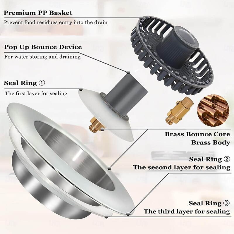 3 in 1 Kitchen Sink Stopper, Pop Up Kitchen Sink Drain Strainer, with An Extra Basket Strainer, Kitchen Sink Drain Stopper for US Standard 3-1/2 Inch, Brass Material Electroplate Silver3