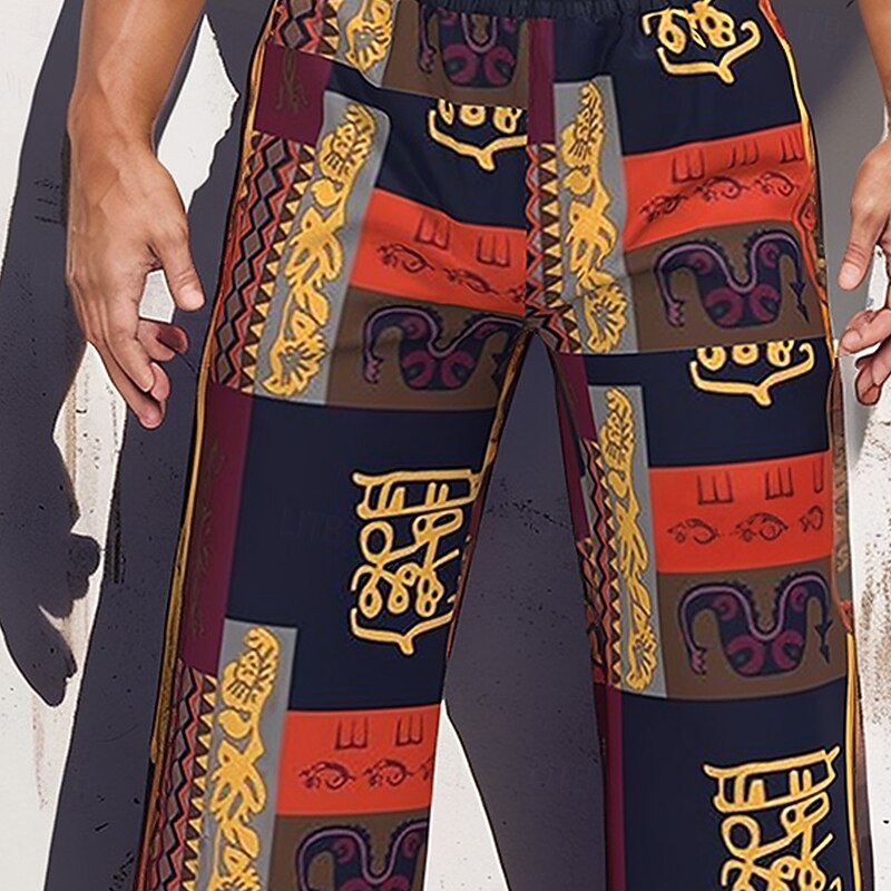 Men's Color Block Patchwork Ethnic Trousers Baggy Pants Casual Pants Mid Waist Vintage Retro Outdoor Holiday Drawstring Elastic Waist Wide Leg Summer Spring 3D Print Yellow2