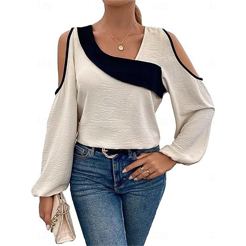 Women's Shirt Blouse Color Block Elegant Daily Stylish Long Sleeve Lantern Sleeve U Neck Regular Tops Work Daily Holiday Patchwork Wine Blue Beige Spring Fall