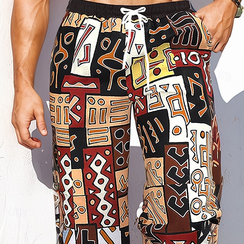 Men's Geometric Patchwork Ethnic Trousers Baggy Pants Casual Pants Mid Waist Vintage Retro Outdoor Vacation Holiday Drawstring Elastic Waist Wide Leg Summer Spring 3D Print Brown2