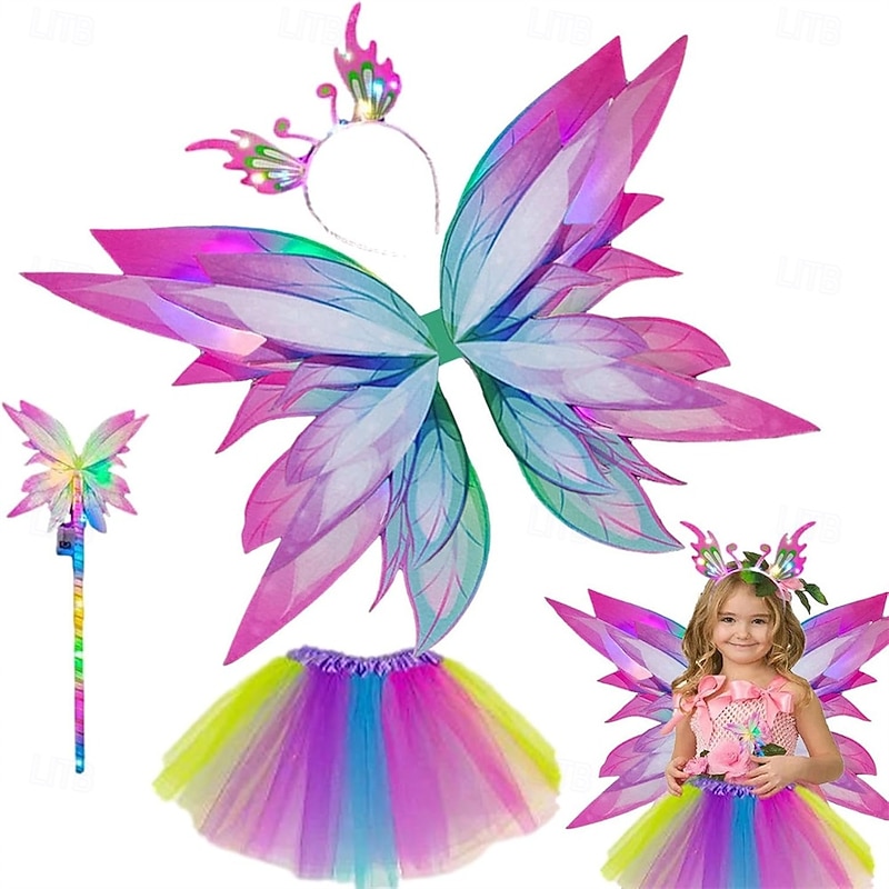 Carnival Elegant Light-Up Fairy Costume for Girls – 4PCS Dress-Up Set with Soft Rainbow Butterfly Wings Perfect for Princess Play Carnival Deoration2