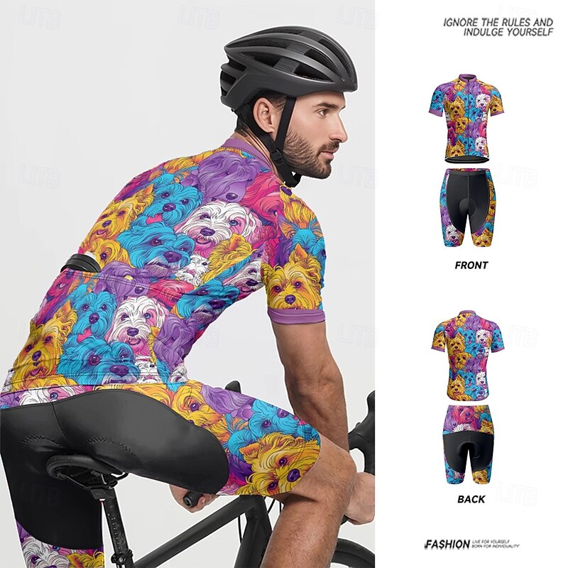 Men's Cycling Jersey with Shorts Dog Short Sleeve Bike Clothing Suit with 3 Rear Pockets Mountain Bike MTB Road Bike Cycling Front Zipper Sweat wicking Comfortable Breathable Sports Blue Purple2