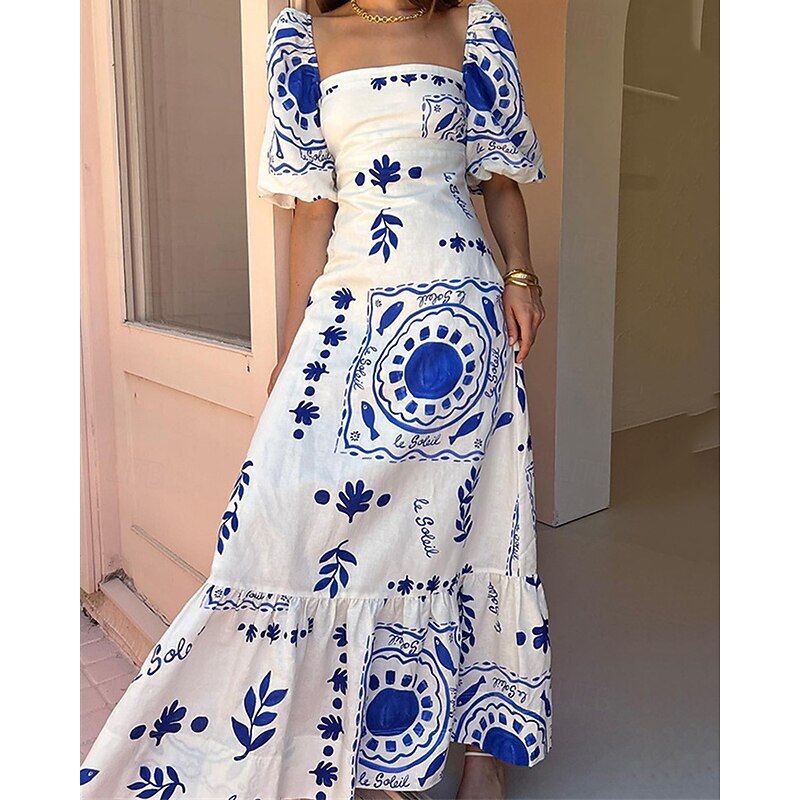 Women's Long Dress Maxi Dress Casual Dress Summer Dress Boho Dress Fashion Lantern Sleeve Outdoor Holiday Date Regular Fit Geometric Short Sleeve Off Shoulder Blue Orange Summer Spring4