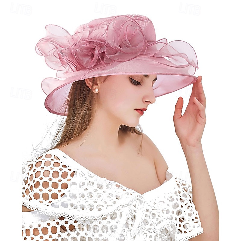 Organza Church Fascinator Wedding Tea Party Derby Hats for Women Flower Wide Brim Sun Hat2