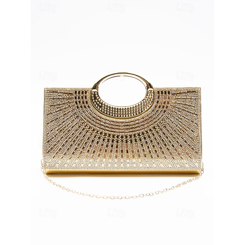 Glamorous Gold Crystal Evening Clutch with Round Handle – Rhinestone Handbag for Women, Perfect for Weddings, Parties and Formal Events