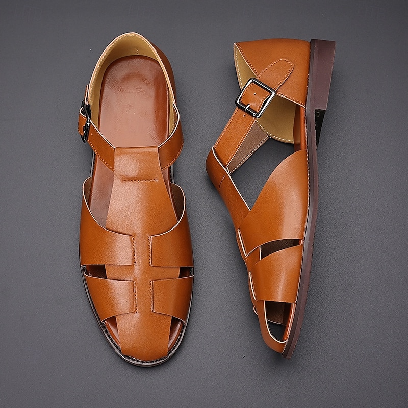 Men's Tan Faux Leather Open-Toe Sandals with Adjustable Buckle Strap, Casual Style for Everyday Wear2