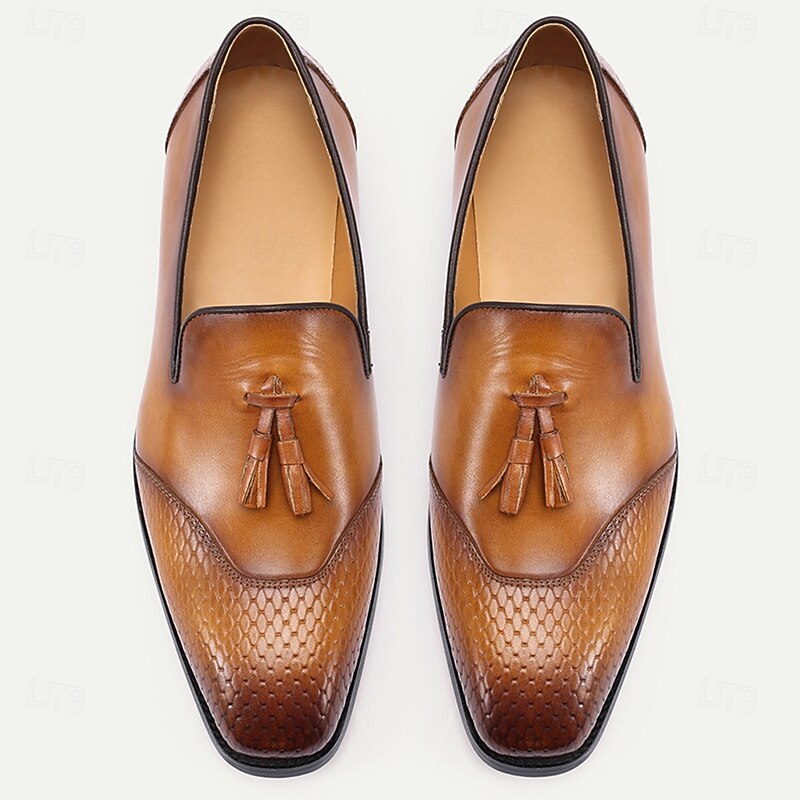 Men's Tan Leather Loafers with Snake-Print Detailing and Tassel Accent – Premium Cowhide Slip-On Dress Shoes for Business, Formal Occasions, and Everyday Wear4