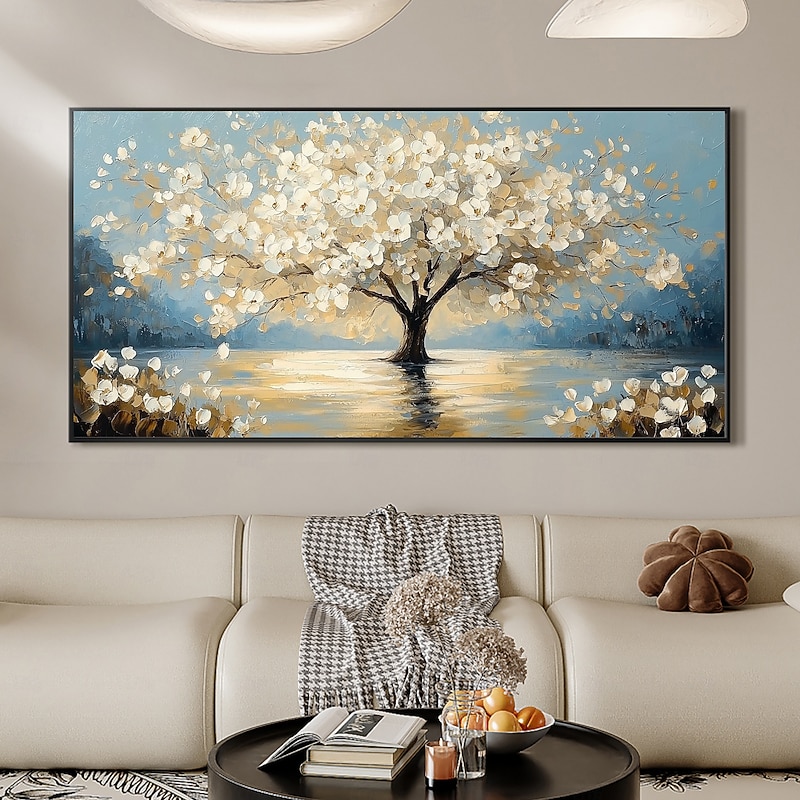 Handmade Original White Tree of Life Painting Oil Painting On Canvas Abstract Blooming Big Tree Wall Art for Home Decor With Stretched Frame/Without Inner Frame Painting