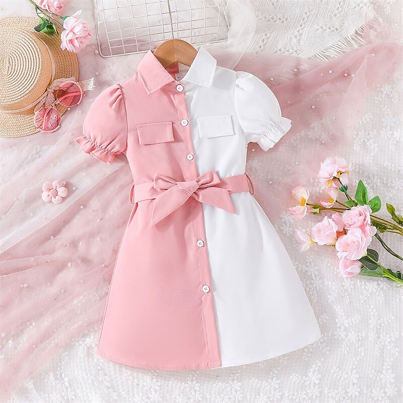 Kids Girls' Dress Color Block Short Sleeve Outdoor Casual Tie Knot Puff Sleeve Fashion Adorable Polyester Knee-length Casual Dress A Line Dress Summer Spring 4 years+ Pink