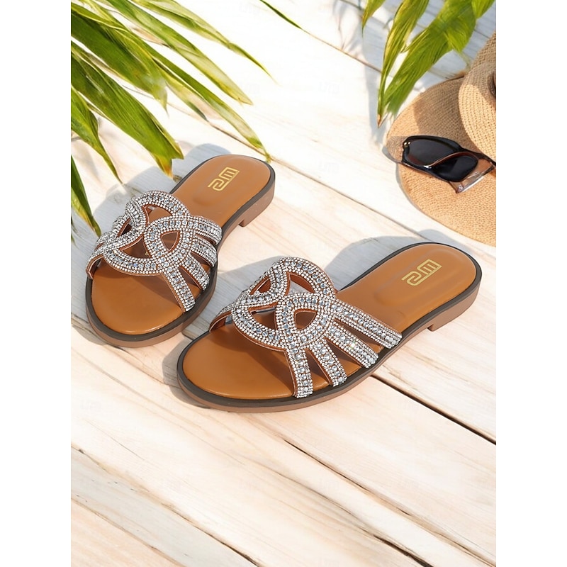 Women's Brown Rhinestone Embellished Slide Sandals – Open-Toe Flat Slip-On Sandals for Summer Beach & Casual Wear