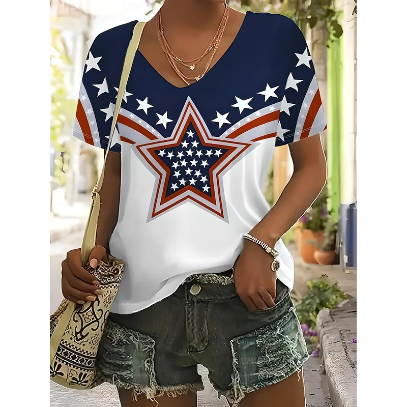Women's Patriotic  T Shirt Flag American Flag National Flag Casual Red White And Blue Short Sleeve Round Neck Regular Tops Daily Print Blue Summer