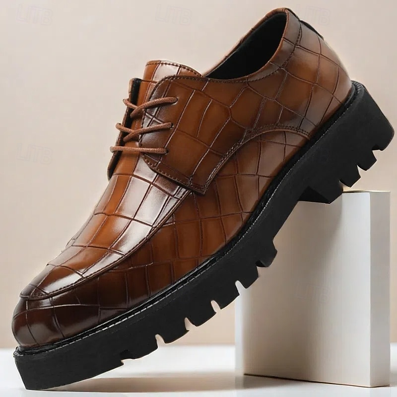 Men's Brown Derby Shoes - Faux Leather with Crocodile Texture Embossing, Stylish and Versatile Footwear for Men, Ideal for Casual, Office and Everyday Wear