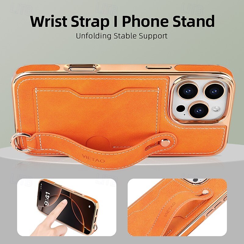 Phone Case For iPhone 16 15 14 Pro Max Plus 13 12 Pro Max Back Cover with Stand Holder with Lanyard with Wrist Strap Retro TPU Plating4