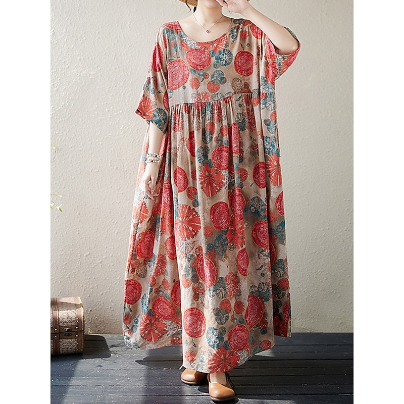Women's Maxi Dress Cotton Linen Dresses Casual Dress Basic Casual Vacation Daily Regular Fit Graphic Half Sleeve Crew Neck Red Green Summer