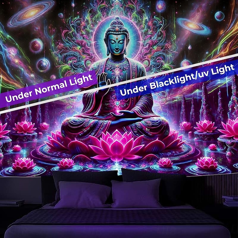 Blacklight Tapestry Glow in the Dark Glow Party UV Reactive Trippy Misty Mandala Boheian Buddha Nature Landscape Hanging Tapestry Wall Art Mural for Living Room Bedroom2