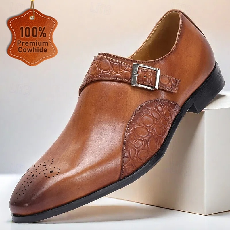 Men's Premium Brown Leather Monk Strap Shoes with Textured Detailing, Formal Style for Weddings, Business Events and Special Occasions