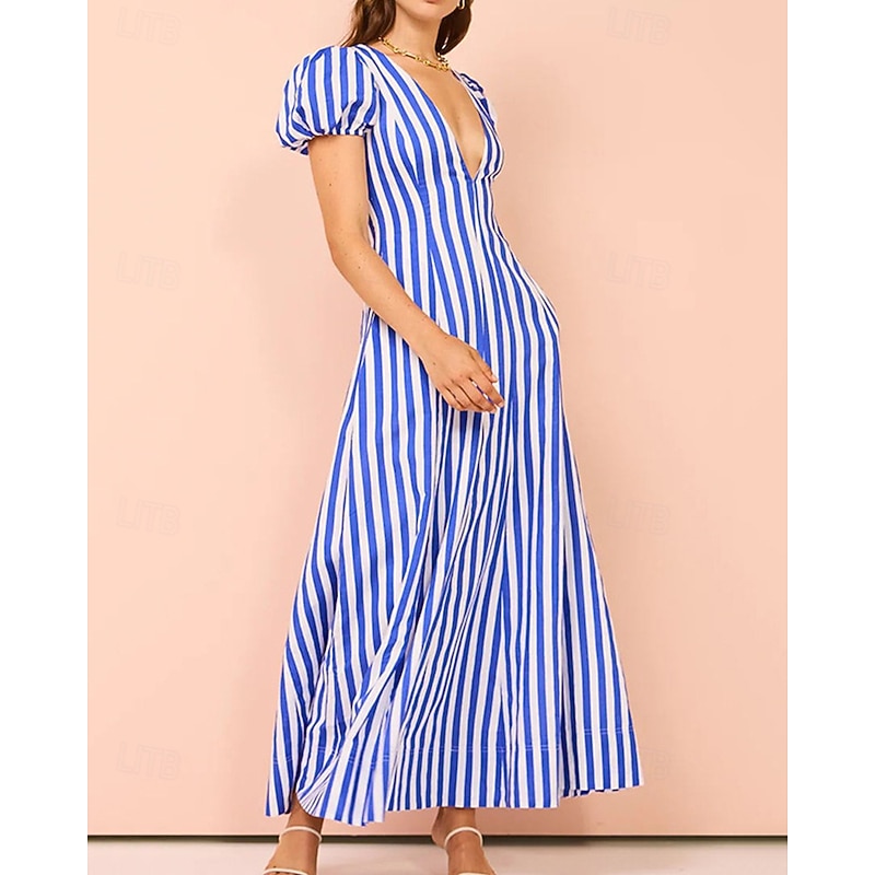 Women's Long Dress Maxi Dress Casual Dress Summer Dress Fashion Lantern Sleeve Outdoor Holiday Date Regular Fit Striped Short Sleeve Deep V Blue Summer Spring3