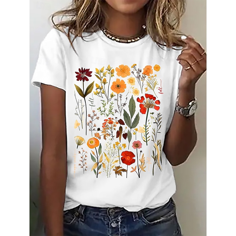 Women's T Shirt Floral Basic Short Sleeve Round Neck Regular Tops Daily Weekend Print Black White Gray Summer