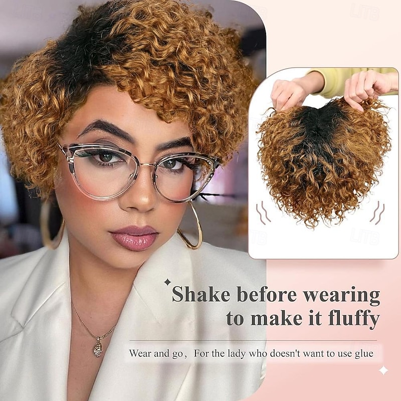 Fancy Hair Short Curly Human Hair Wigs Pixie Cut Kinky Curly Wig Honey Blonde With Dark Roots Side Part Deep Curly No Lace Front Brazilian Remy Human Hair Wig for Black Women Daily Use4