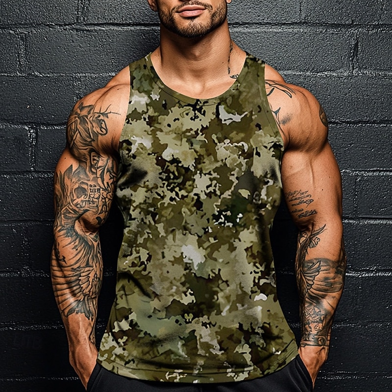 Men's Camo Camouflage T Shirt Vest Top Sleeveless T shirt 3D Print Crew Neck Shirt Vacation Casual Hawaiian Holiday Blue Green Gray Summer Spring Clothing Apparel S M L XL XXL XXXL