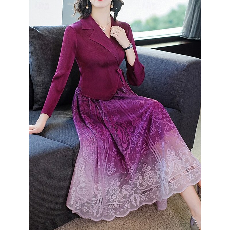 Women's Long Dress Maxi Dress Lace Dress Two Piece Dress Stylish Casual Vacation Daily Regular Fit Graphic Long Sleeve Lapel Black Red Navy Blue Purple Summer