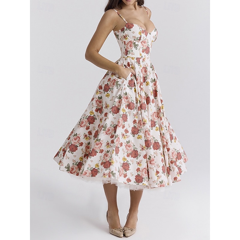 Retro Vintage 1950s Midi Dress Flare Dress Spaghetti Strap Corset Floral A-Line Fancy Dress Women's Masquerade Wedding Vacation Tea Party Adults' Dress3