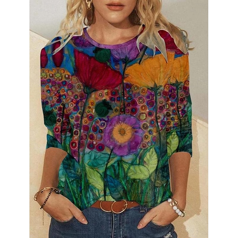 Women's T shirt Crew Neck Long Sleeve Tunic Floral Graphic Casual  Regular Tops Daily Print Light Brown Spring Fall2