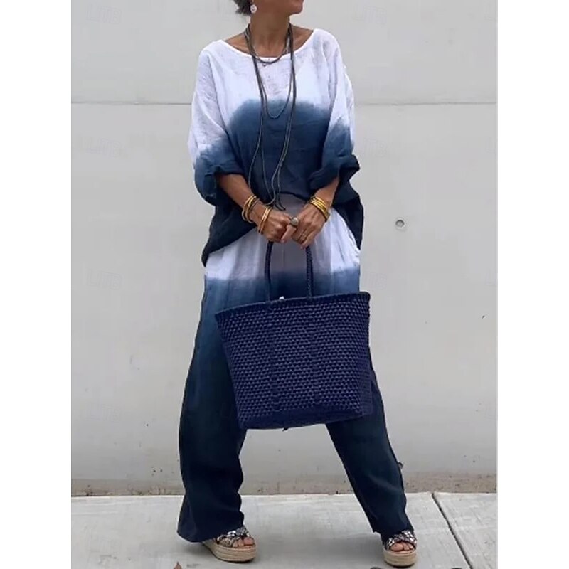 Women's Fashion Streetwear Daily Shirt Wide Leg Pants Long Sleeve Crew Neck Ombre Drawstring Casual Daily Dark Navy Sky Blue Brown Summer Regular Fit3