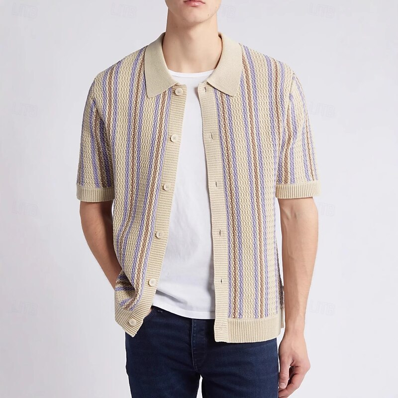 Retro Vintage 1970s Sweater Shirt Cardigan Hippie Crochet Button Down Striped Fancy Dress Men's Vacation Dailywear Pride Parade Adults' Top Spring & Summer3