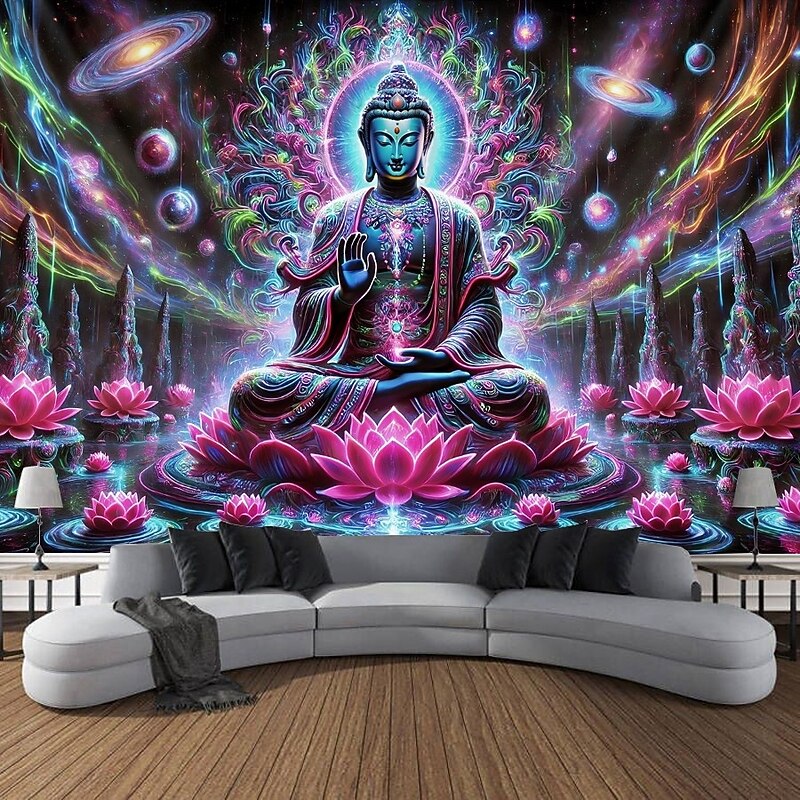 Blacklight Tapestry Glow in the Dark Glow Party UV Reactive Trippy Misty Mandala Boheian Buddha Nature Landscape Hanging Tapestry Wall Art Mural for Living Room Bedroom3
