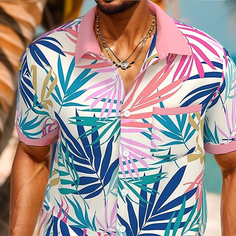 Men's Colorful Palm Leaf Tropical Plants Summer Hawaiian Shirt Button Up Shirt Short Sleeve Hawaiian Resort Vacation Holiday Beach Wear Summer Spring Turndown Collared Shirts Front One Pocket Pink2