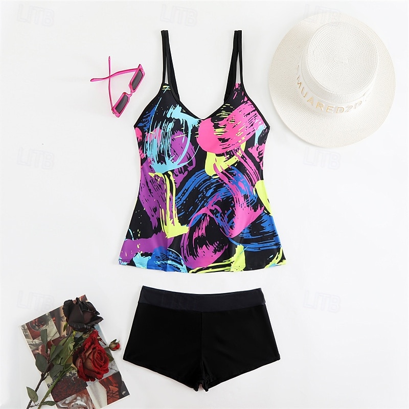 Women's Tankini Two Piece Swimsuit Racerback Swimwear Swimwear Yellow Blue Breathable Quick Dry Lightweight Sleeveless - Swimming Surfing Beach Summer Spring2