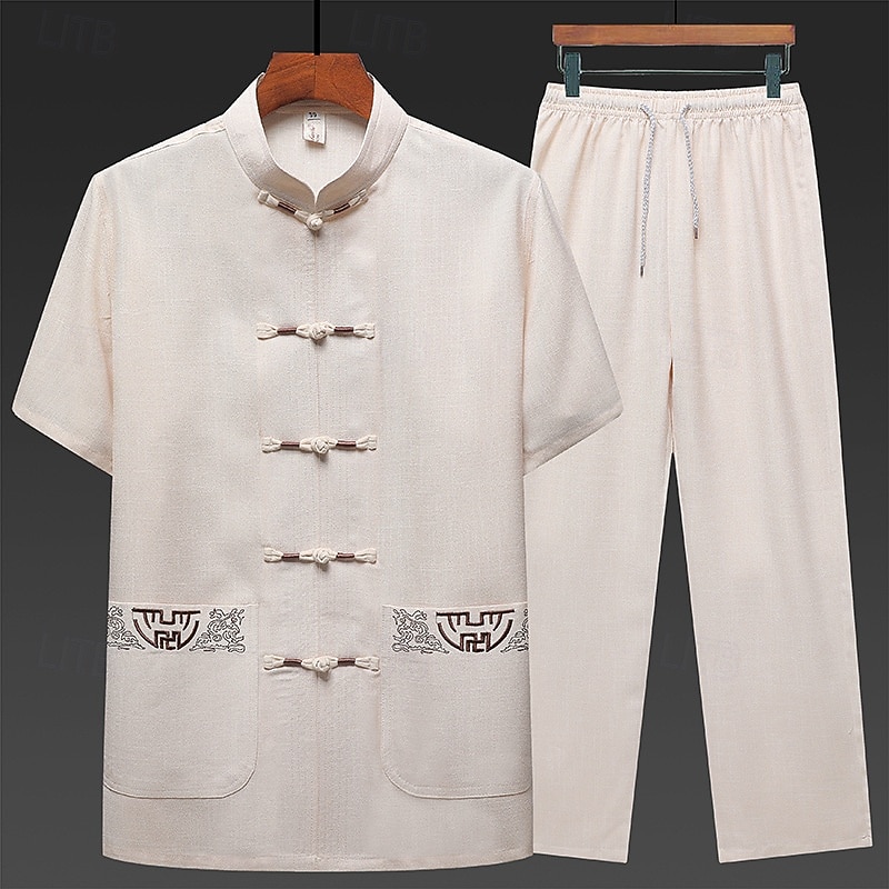 Men's Shirt Shirt Set Summer Shirt Casual Shirt Beach Shirt Button Up Shirt White Navy Blue Green Light Grey Dark Gray Short Sleeve Plain Stand Collar Vacation Hawaiian 2 Piece Clothing Apparel