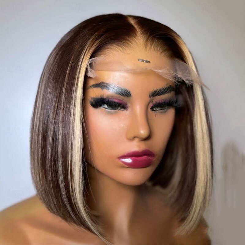 Unprocessed Virgin Hair 5x5 Closure 13x4 Lace Front Wig Short Bob Brazilian Hair Straight Multi-color Wig 130% 150% Density Highlighted / Balayage Hair 100% Virgin Glueless Pre-Plucked For Women Short4