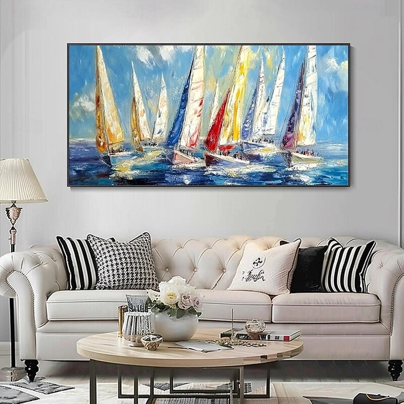Blue Ocean Seascape Sailboat Wall Art Abstract Beach Seascape Painting On Canvas Livingroom Oil Painting 100% Handmade Hand Painted Wall Art On Canvas Abstract Maritime Sailboat Landscape Home Decorat4