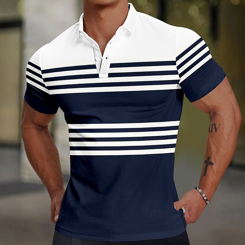 Men's Line Rugby Polo Short Sleeve Polo Shirts Collared Shirts Casual School Outdoor Athleisure Daily Wear 3D Print Summer Red Dark Green Dark Blue