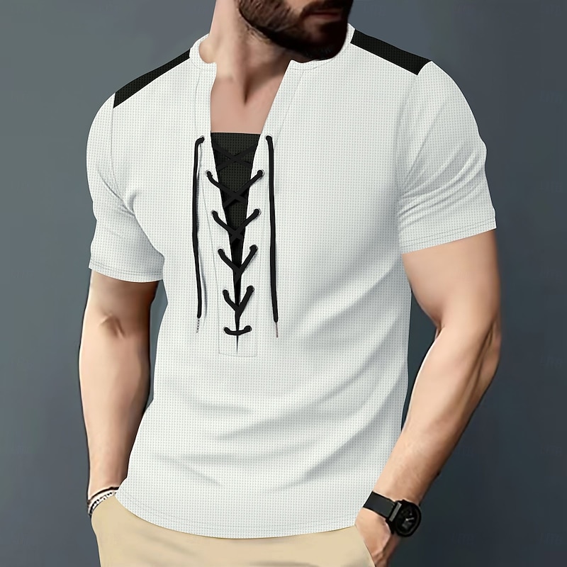 Men's Henley Shirt Tee Short Sleeve Shirt Tee Top Short Sleeve Crewneck Summer Color Block Solid / Plain Color Fashion Designer Fashion Vacation Street Going out Wine Black White Top Tee for Men