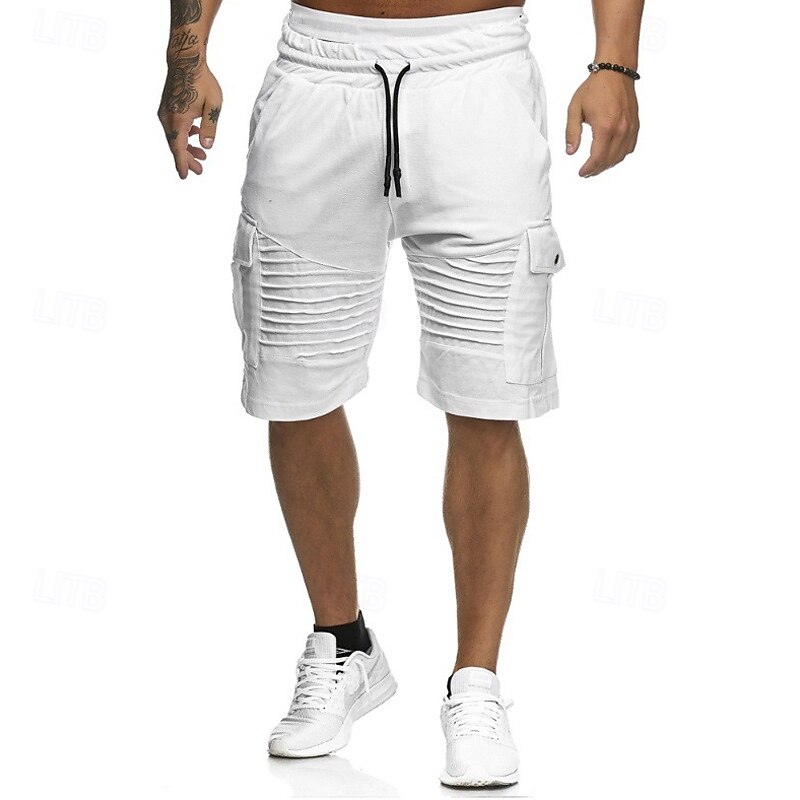 Men's Cargo Shorts Sweat Shorts Drawstring Elastic Waist Multi Pocket Plain Comfort Wearable Casual Daily Holiday Sports Fashion Black White2