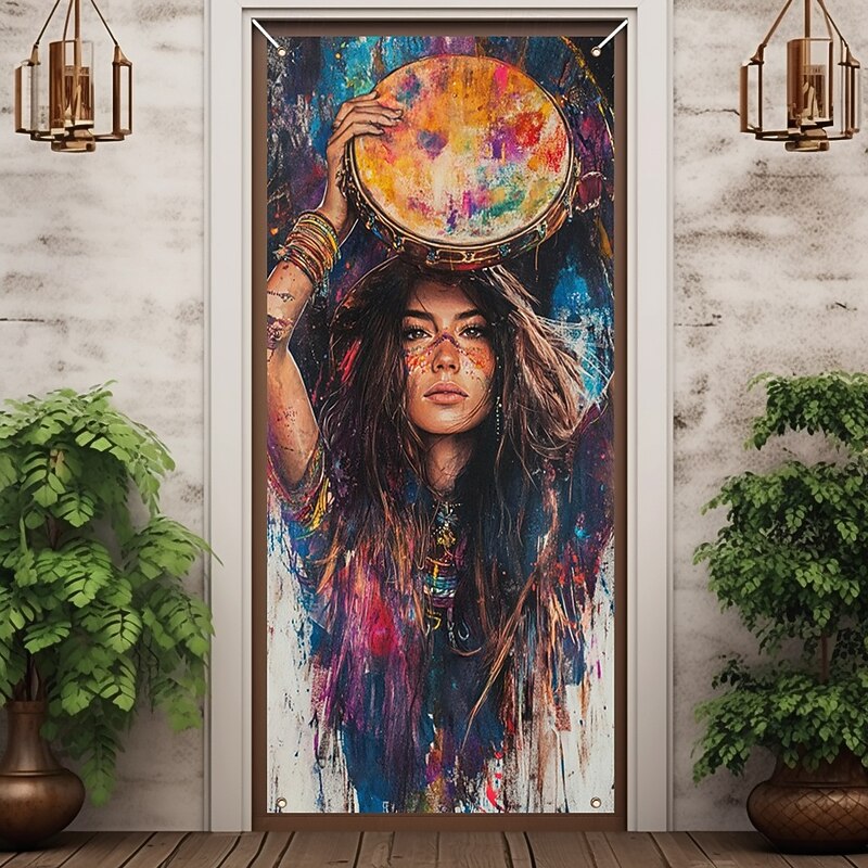 Bohemian Art Woman Door Decorations Door Covers Door Tapestry Door Curtain Decoration Backdrop Indoor/Outdoor Door Banner for Front Door Farmhouse