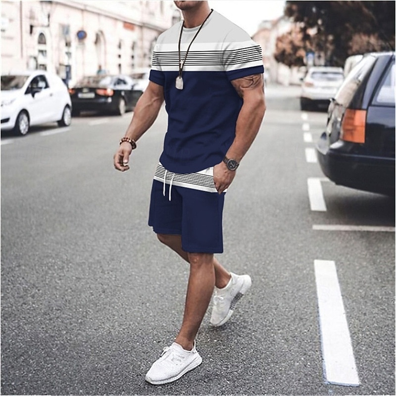 Men's T-shirt Suits Tee & Drawstring Waist Shorts 2 Pieces Outfits Tee & Shorts Short Sleeve Crewneck Summer Color Block Stripes Fashion Casual 2 Piece Vacation Daily Wear Going out Black Green Red2