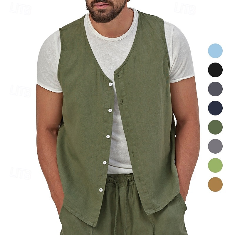 Men's Vest Gilet Linen Vest Vacation Daily Date Fashion Casual Summer Spring Buttons Pocket Linen Comfortable Plain Single Breasted One-button V Neck Regular Fit Black Yellow Light Green Navy Blue