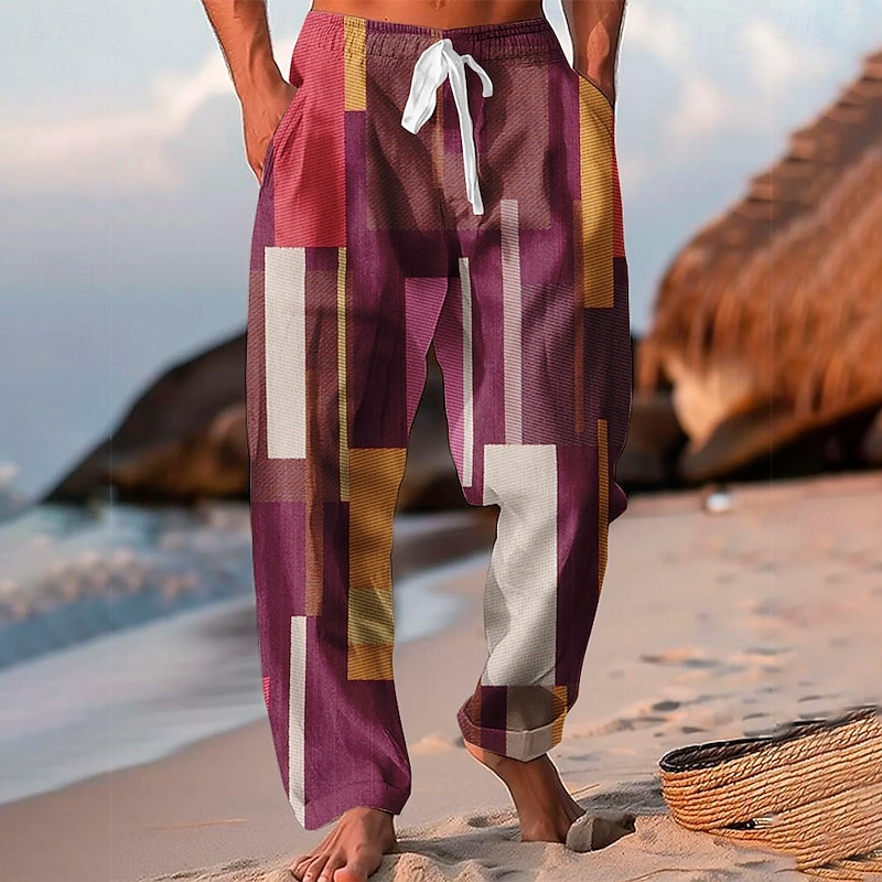 Men's Color Block Patchwork Trousers Baggy Pants Casual Pants Mid Waist Vacation Hawaiian Outdoor Holiday Beach Wide Leg Summer Spring 3D Print White Blue Purple