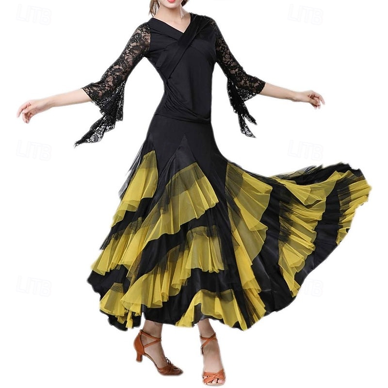 Women's Elegant Dance Hall Latin Dance Party Long Skirt with Layered Hem4