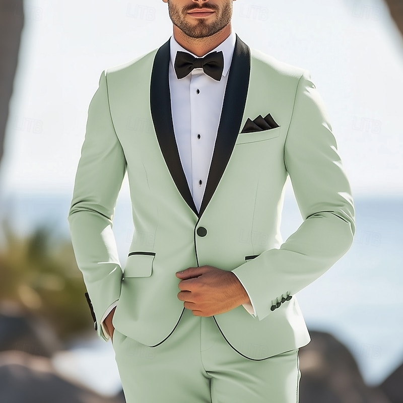 Men's Wedding Prom Party Suits Shawl Lapel Light Green Fashion Formal Solid Colored Standard Fit 2 Piece Single Breasted One-button - Main Image