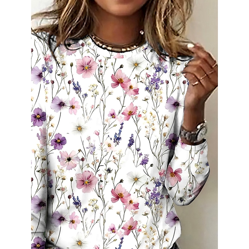 Women's T shirt Crew Neck Long Sleeve Tunic Floral Elegant Vintage  Regular Tops Daily Going out Weekend Print White2
